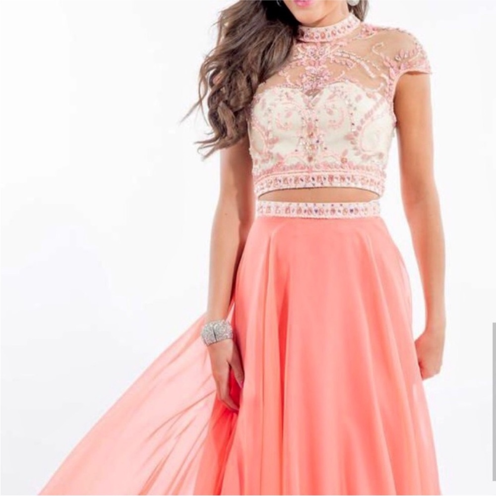🔴FINAL CLEARANCE NEW RACHEL ALLEN SZ 4 CORAL TWO PIECE BEADED ILLUSION GOWN - Picture 13 of 14